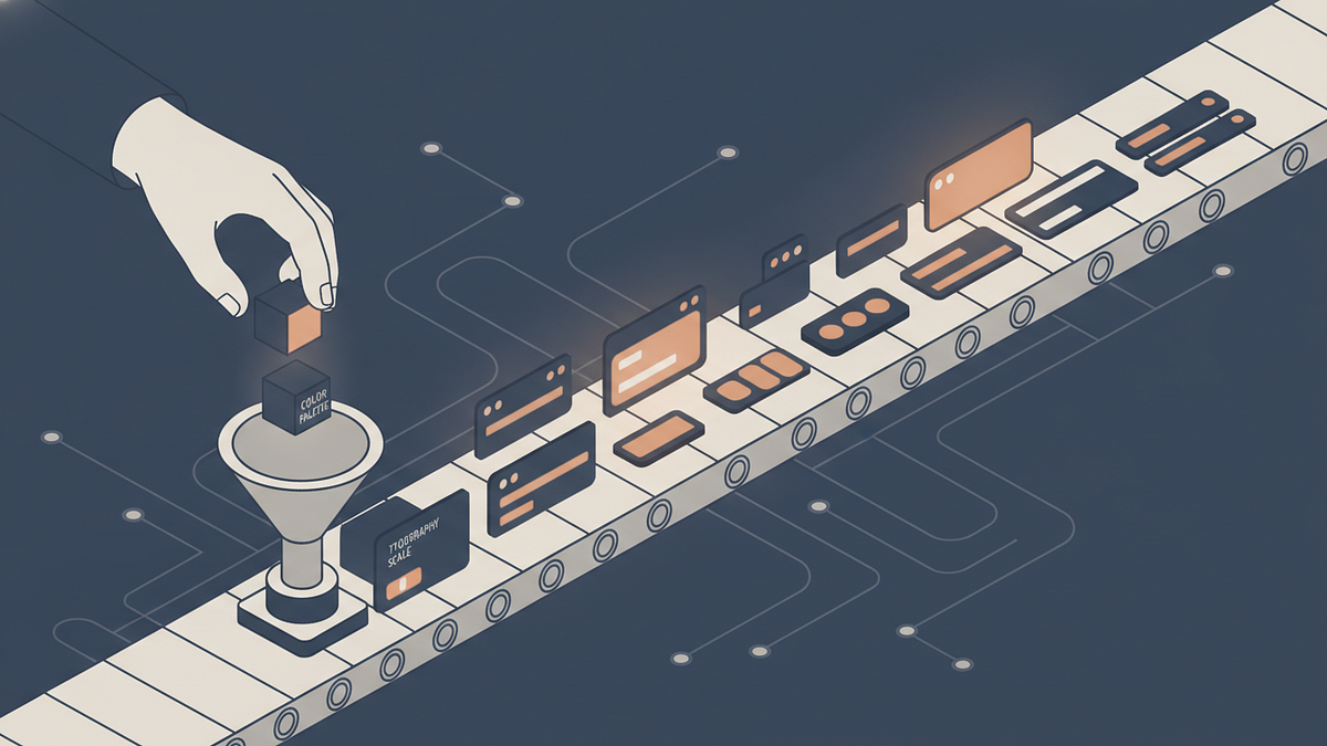 A conceptual illustration of a design-system assembly line where a new theme is added by dropping in just two small labeled object blocks at the start, while a long row of finished UI component shapes further down the belt, cards, tabs, inputs, and progress bars, lights up automatically without being touched. Clean, technical, isometric style, muted palette, minimal text.