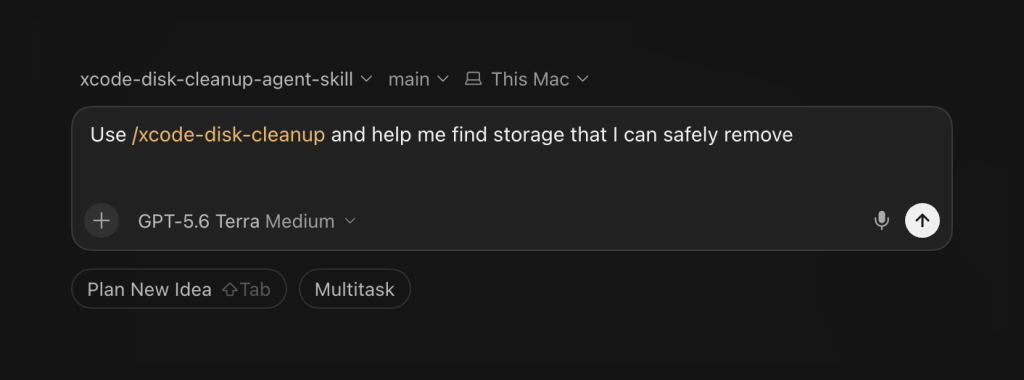 Pedindo a um agente IA para usar a habilidade de limpeza de espaço do disco Xcode para encontrar armazenamento removível com segurança.
