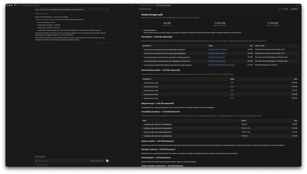 Auditoria de armazenamento do Xcode mostrando aproximadamente 40 GiB de candidatos para limpeza agrupados por risco e categoria de armazenamento
