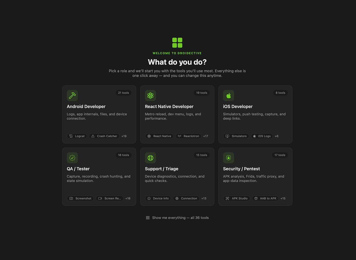 Droidective Apps user role selection page