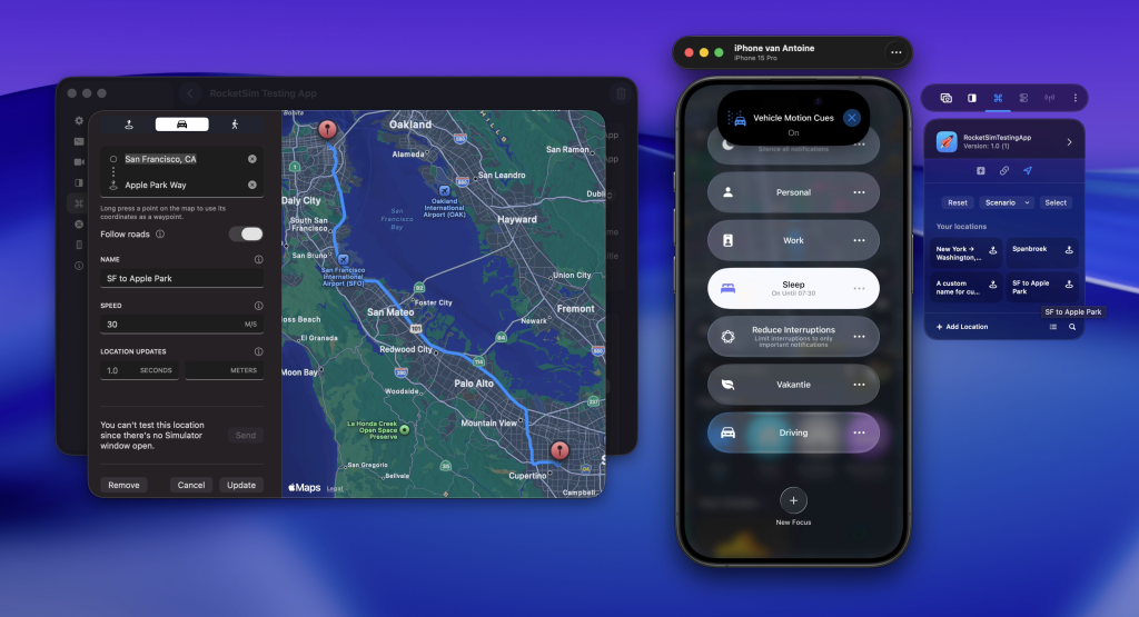 RocketSim simulando uma rota de carro de São Francisco até a Apple Park em um iPhone conectado, funcionando bem para testes de fusos horários do iOS.