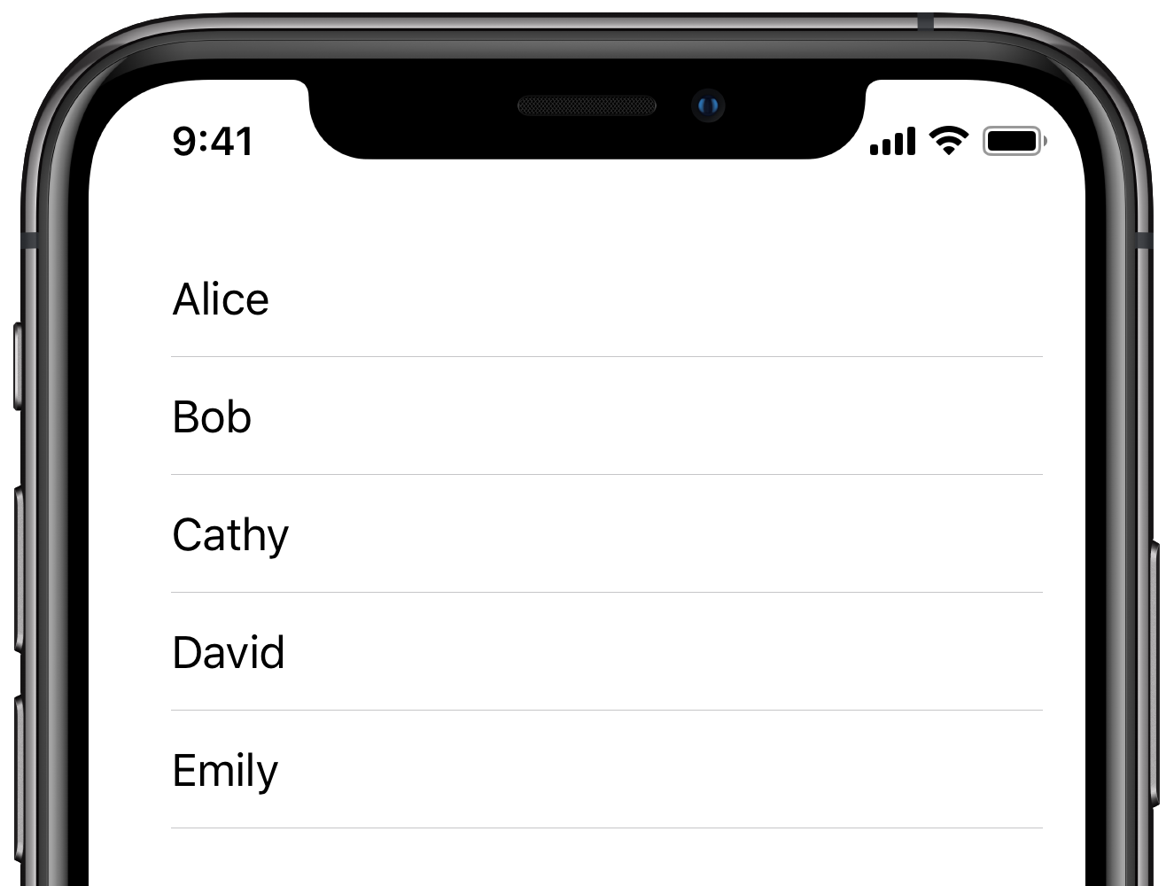 iPhone showing a plain, unnumbered list of people