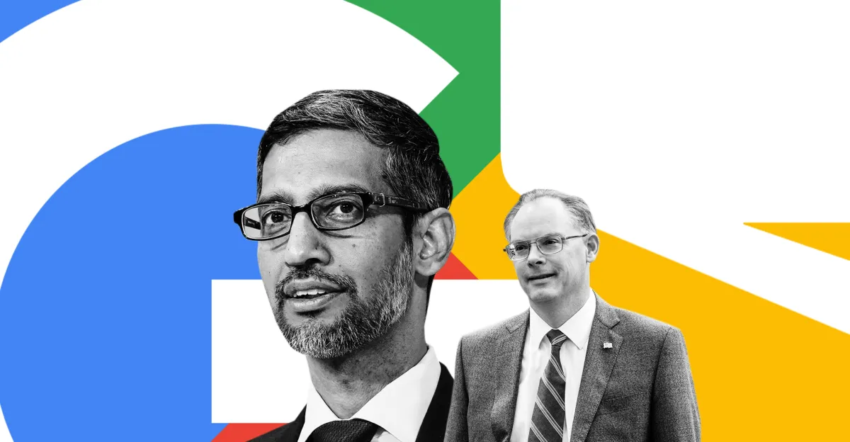 Photo illustration of the Sundar Pichai and Tim Sweeney Epic Games logo and Google logo inside of a Google Play logo.
