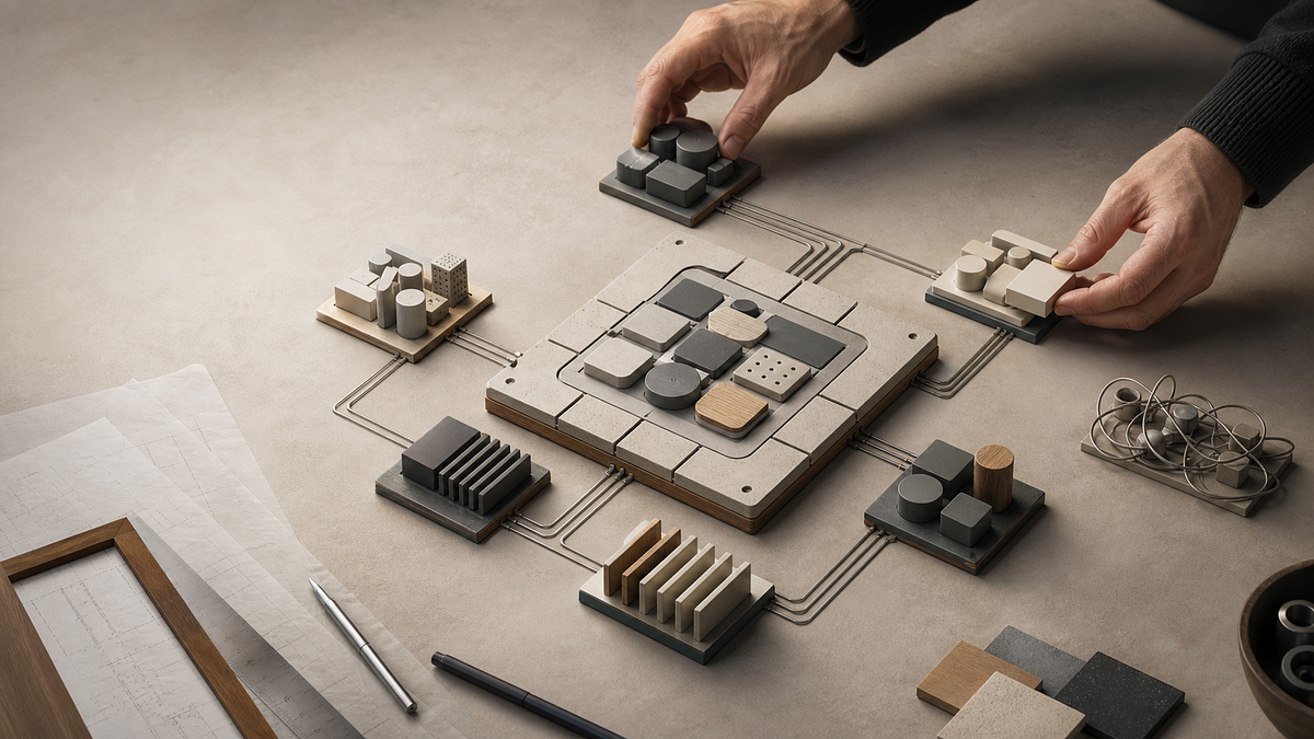 An engineer arranges distinct architectural components around a central assembly point while a small tangle of connections remains at the edge.