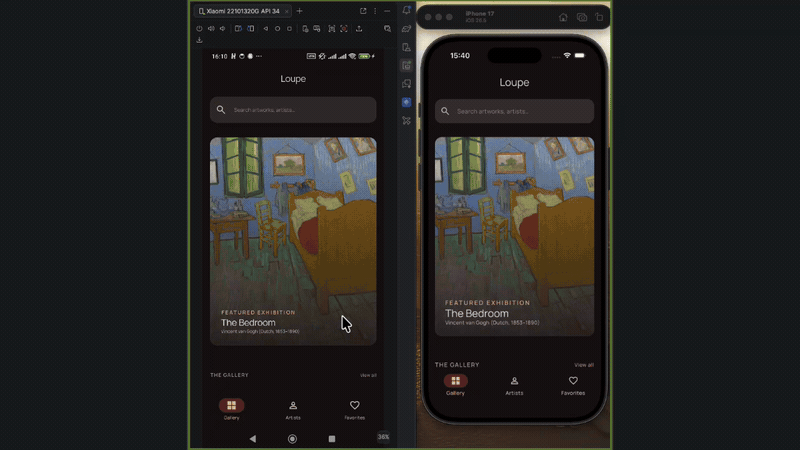 Loupe running on Android and iOS from one Kotlin Multiplatform codebase: gallery, artwork detail, artists, and favorites.