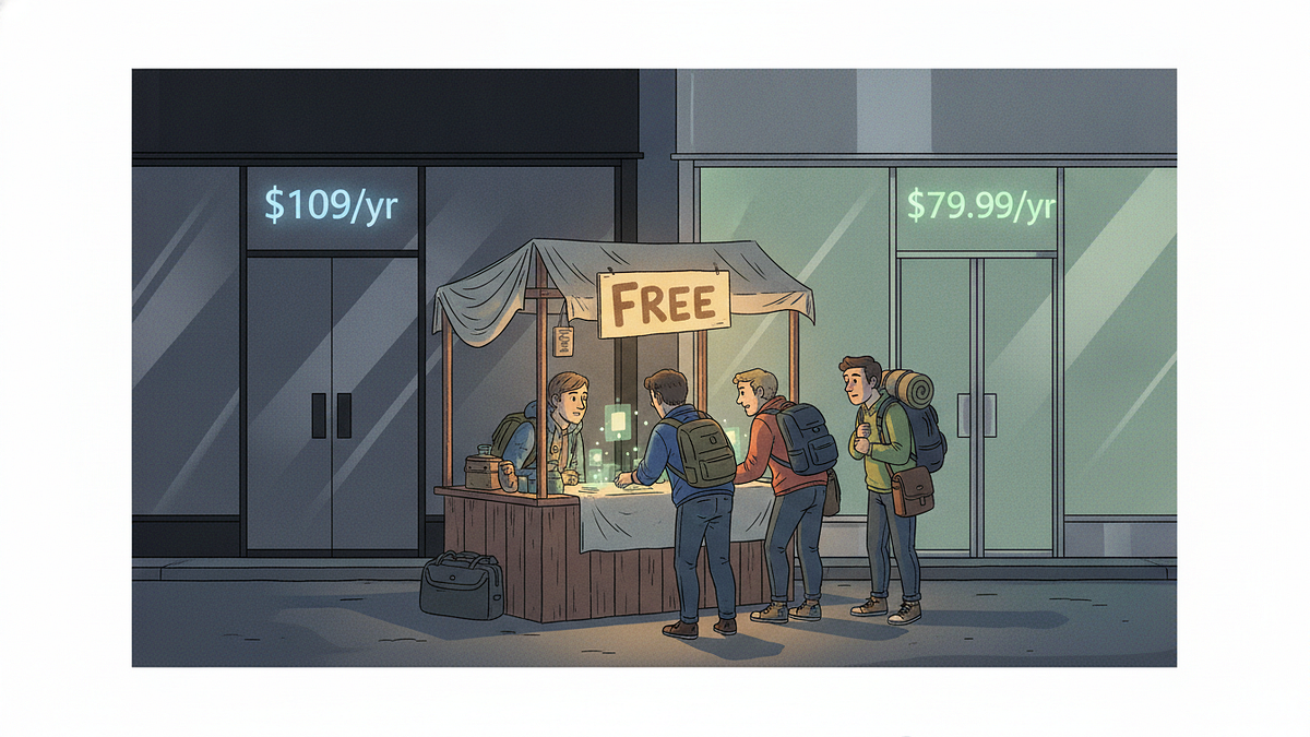 An editorial illustration of a phone sitting alone on a wooden cafe table next to a passport and a coffee, with a soft glowing outline around the phone suggesting the data is held inside it. In the far background, out of focus and clearly disconnected, a row of server racks sits dark and unplugged. Warm, calm morning light, not cartoonish.