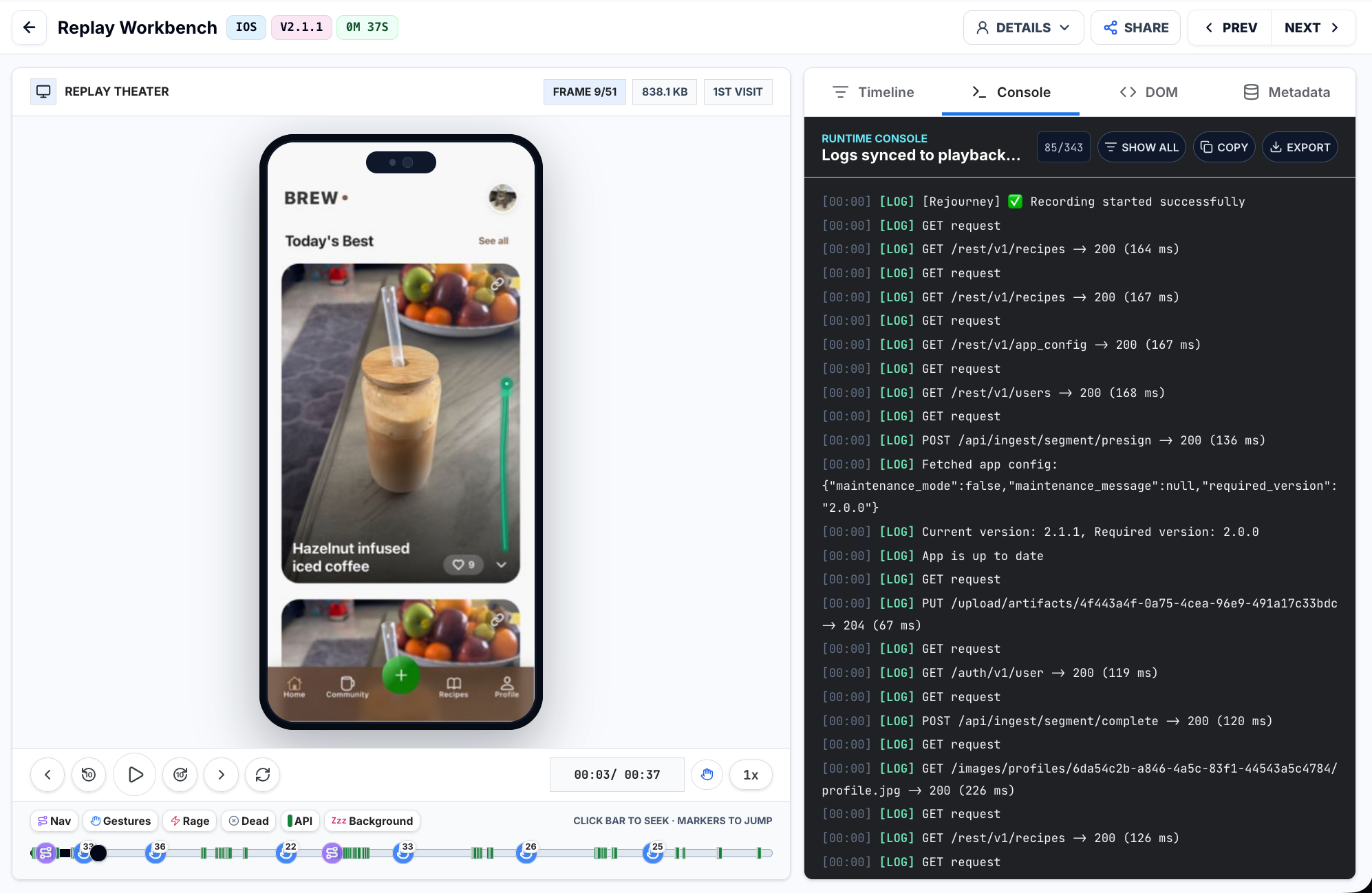 Rejourney Replay Workbench showing a captured Flutter session with synchronized evidence