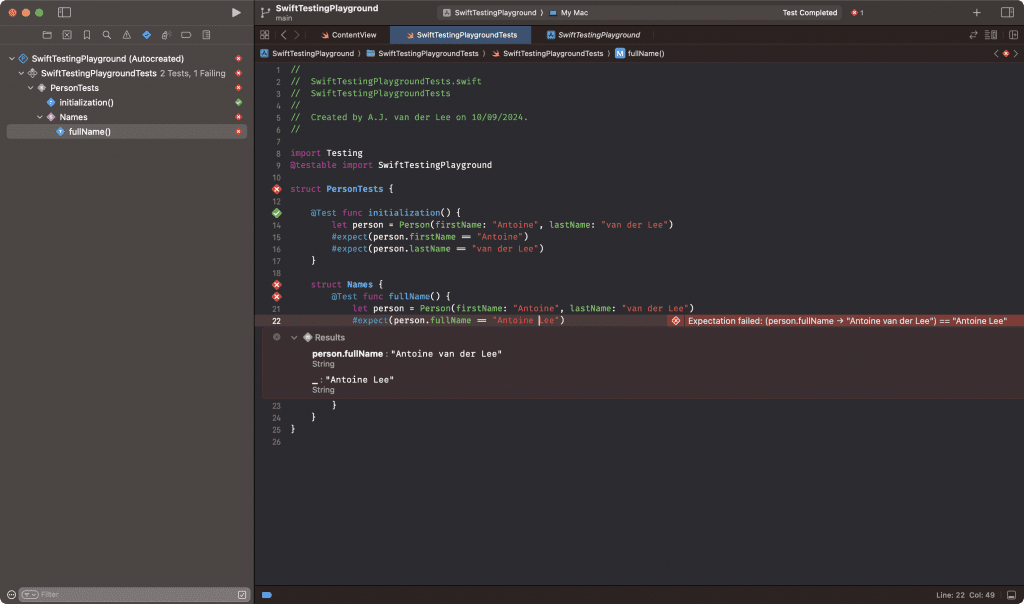 O macro #expect trabalha em estreita colaboração com o Xcode para fornecer informações detalhadas de falhas.
